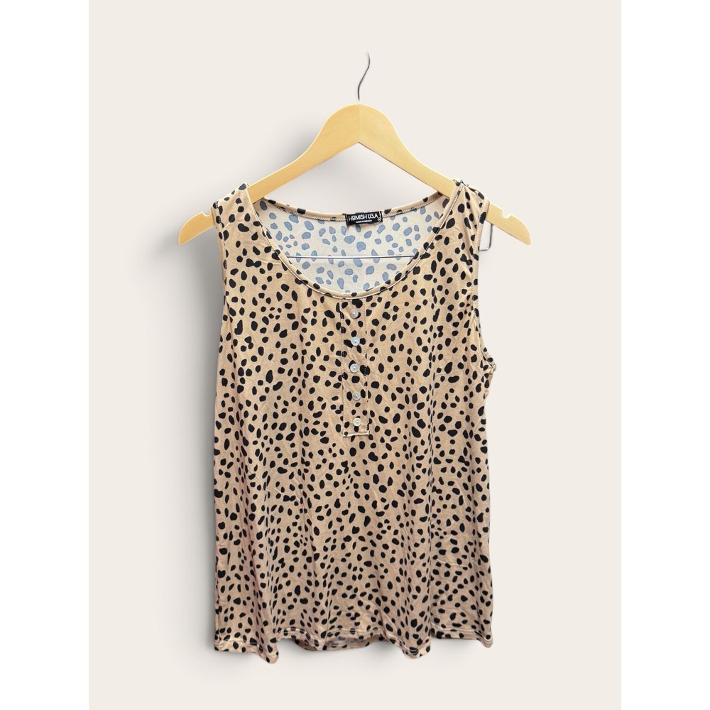 Heimish USA Womens Animal Print Tank Top Faux Button Henley Tan Black Medium